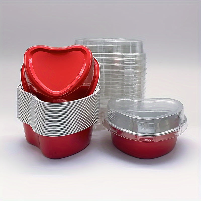 50 heart-shaped aluminum foil cake cups with lids, perfect for Valentine's Day, weddings, Mother's Day, birthdays, and Christmas.