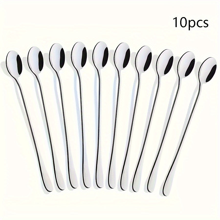 Set of 10 long-handled stainless steel spoons suitable for various uses in the kitchen and restaurants.