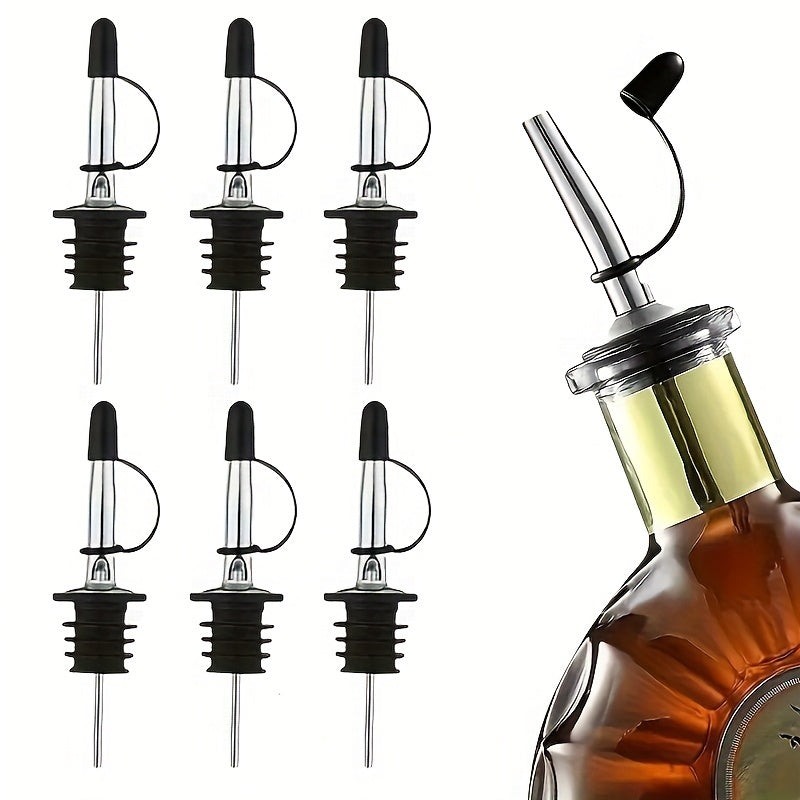 Stainless steel pourers in sets of 4, 6, 8, or 12 with rubber dust caps for liquor and vinegar bottles.