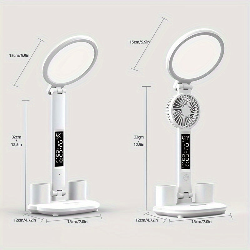 LED dormitory desk lamp with eye protection, touch control, foldable design, and built-in fan for reading in bed.