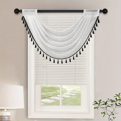 Fashionable Sheer Wave Curtain Valance with Tassels Edge - Light-Transmitting, Rod Pocket Design - Ideal for Living Room, Bedroom, or Kitchen Decor - Measures 30x24 Inches