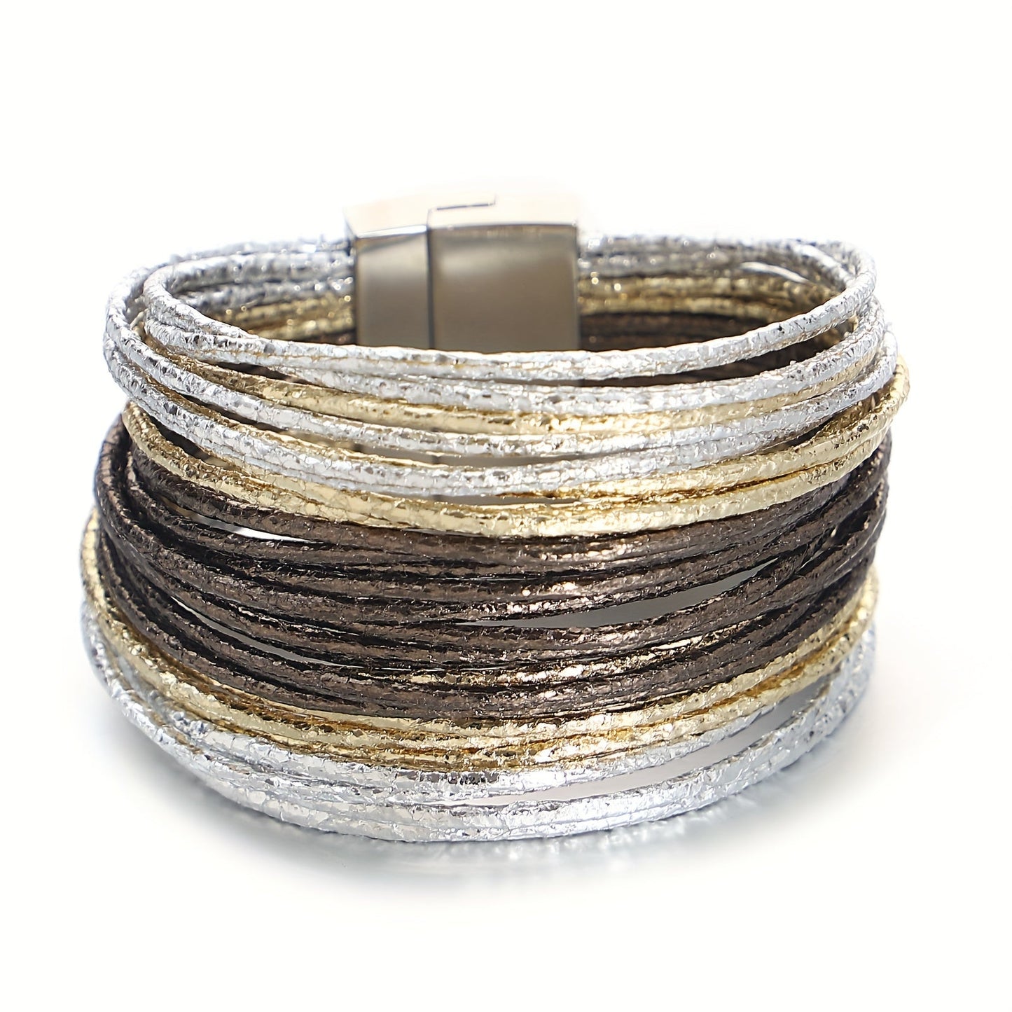 This Multilayer Wrap Bracelet features Slim Stripes and Metallic Shiny Glitter Leather, with a Magnetic Clasp that makes it easy to put on and take off. Perfect for Men and Women, this Bracelet is great for Holiday Parties and makes a unique Birthday