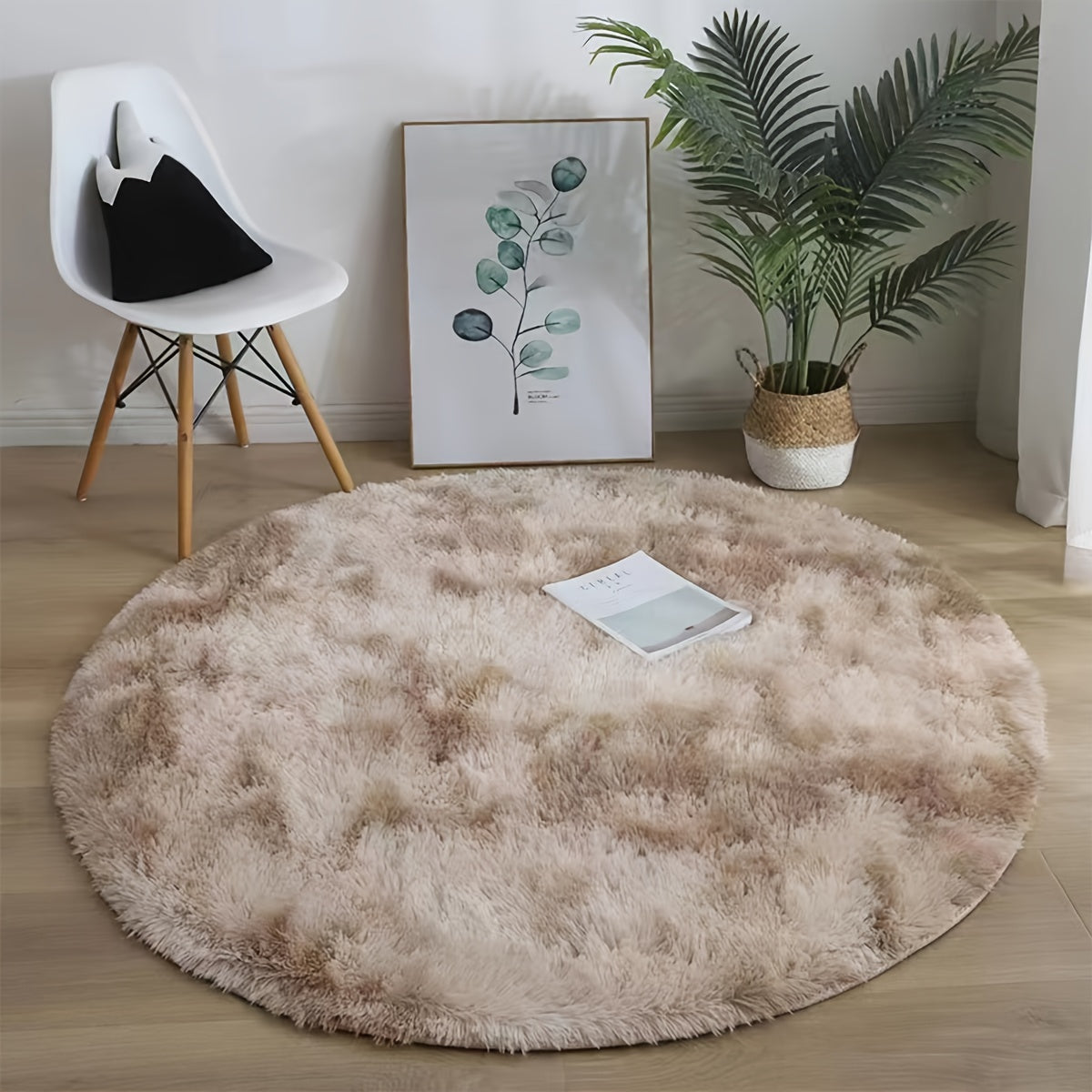 Large round area rug made of soft plush shaggy material, featuring a non-slip and waterproof design. This polyester fiber rug can be hand washed and is perfect for adding a cozy touch to your living room, bedroom, nursery, game room, dorm, or teen room