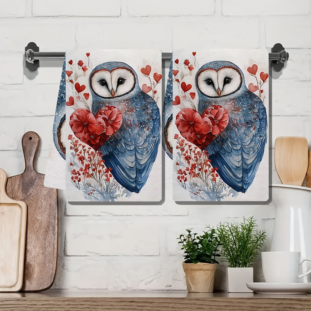 Valentine's Owl Design Kitchen Towels - Set of 2, Ultra Soft and Highly Absorbent, Machine Washable Dish Hand Towels, 40.64x60.96 cm - Ideal for Holiday Decor and Everyday Use in the Kitchen