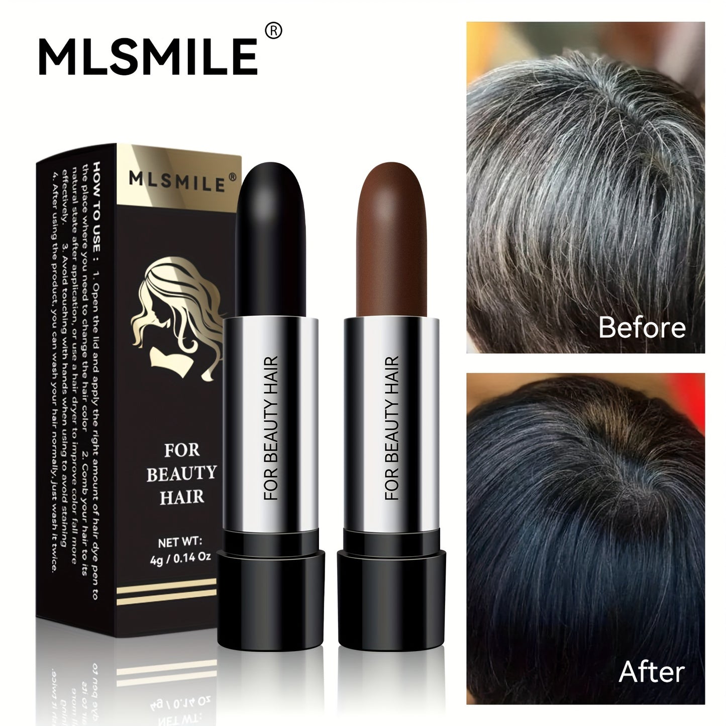 Temporary hair color stick for long-lasting coverage of white and grey hair.