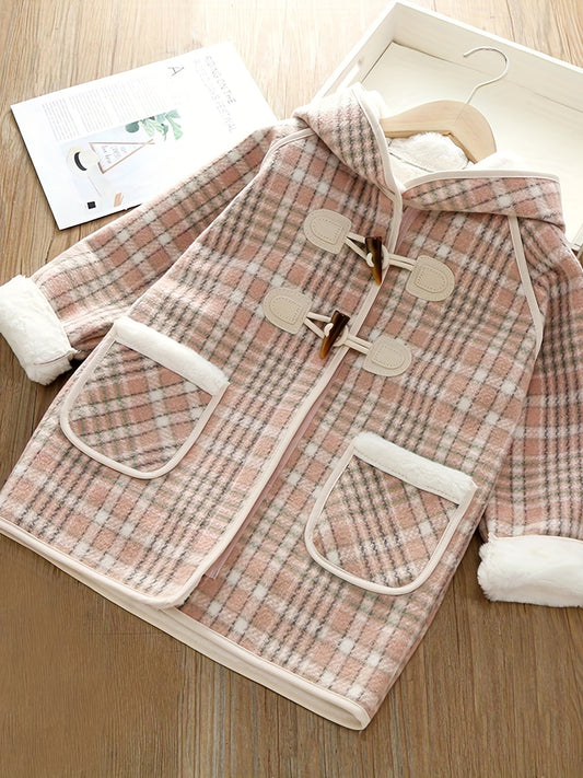 Girls' winter fleece plaid toggle coat with hood and pockets for a stylish outdoor look.