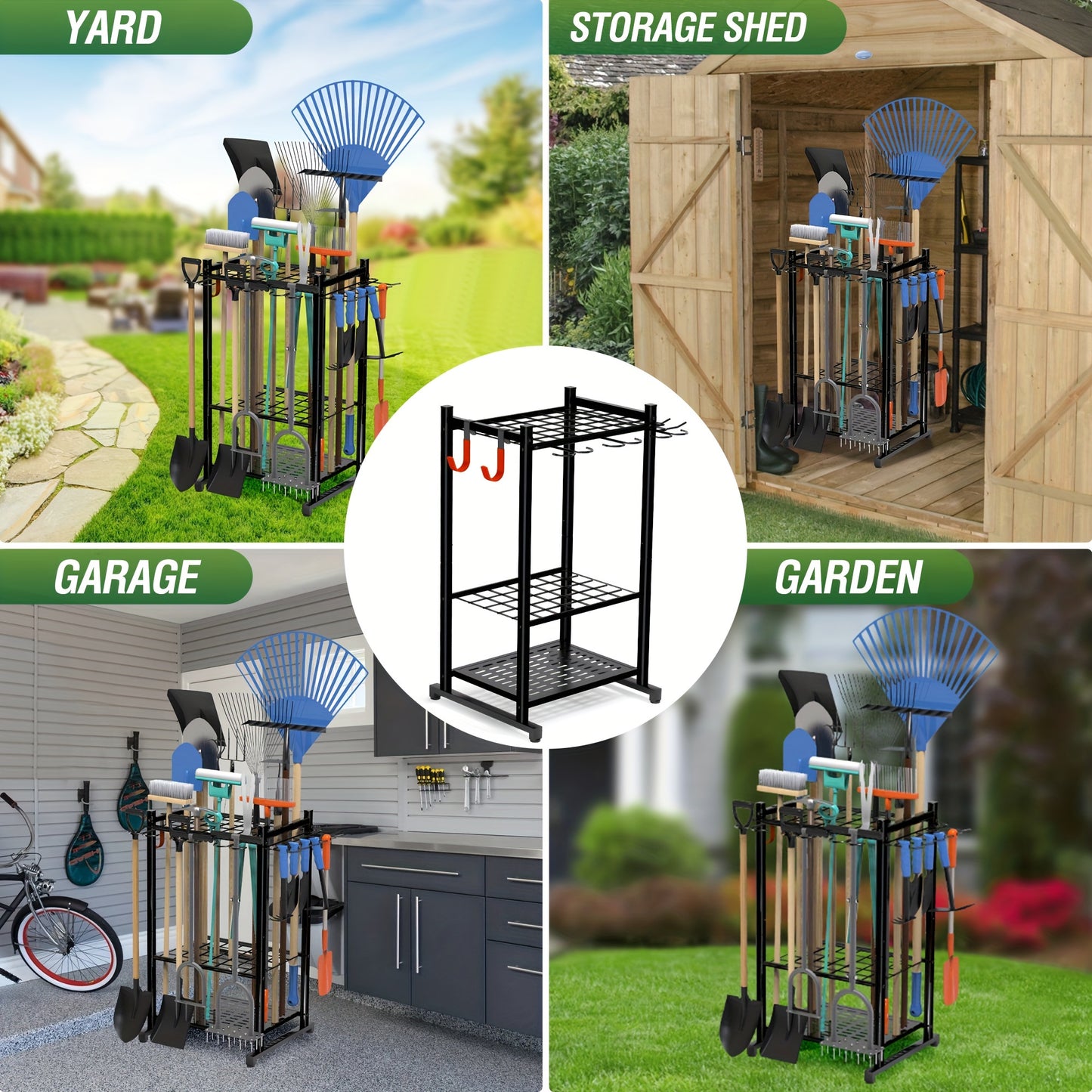 Durable black metal tool rack holds 50+ garden tools, adjustable and compact for garage or shed storage, with hooks for rakes and brooms.