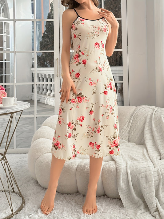 Floral print slip nightdress with lettuce trim, backless design, perfect for women's sleepwear.