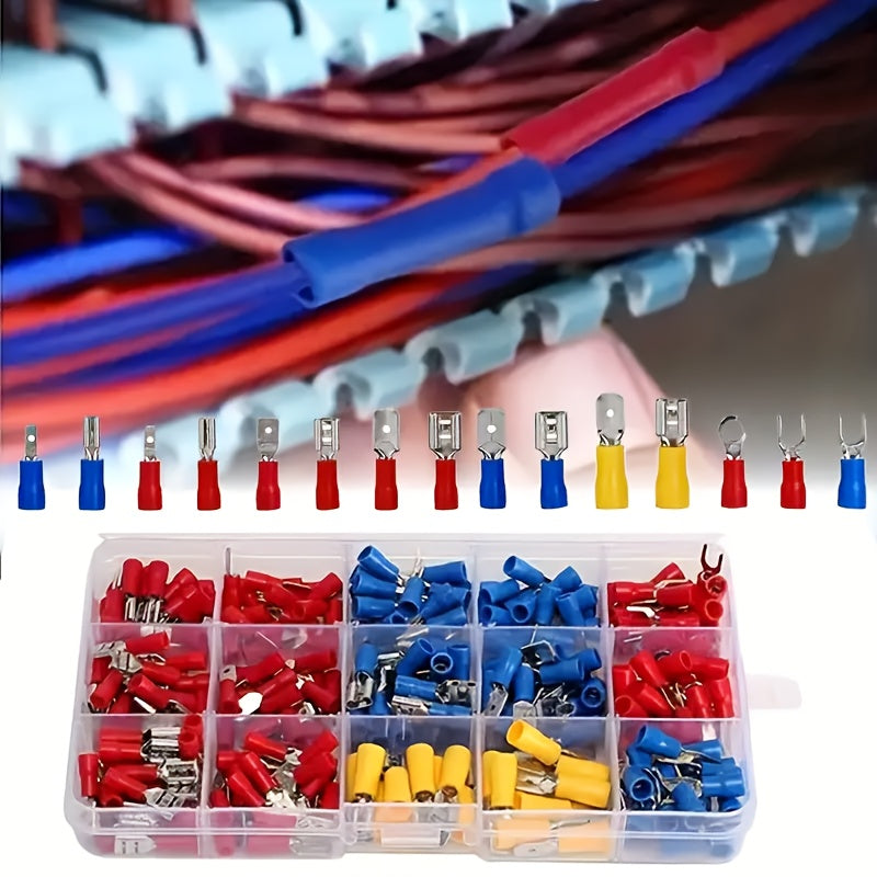 102-piece universal electrical crimp terminal set with assorted connectors for automotive and marine wiring, uncharged and battery not included.