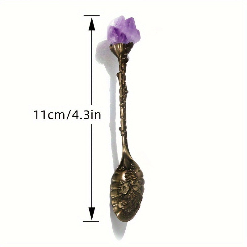 Set of four natural amethyst spoons featuring a tooth flower pattern and embossed design. Perfect for serving ice cream, desserts, stirring soup, cutting cake, and stirring coffee.