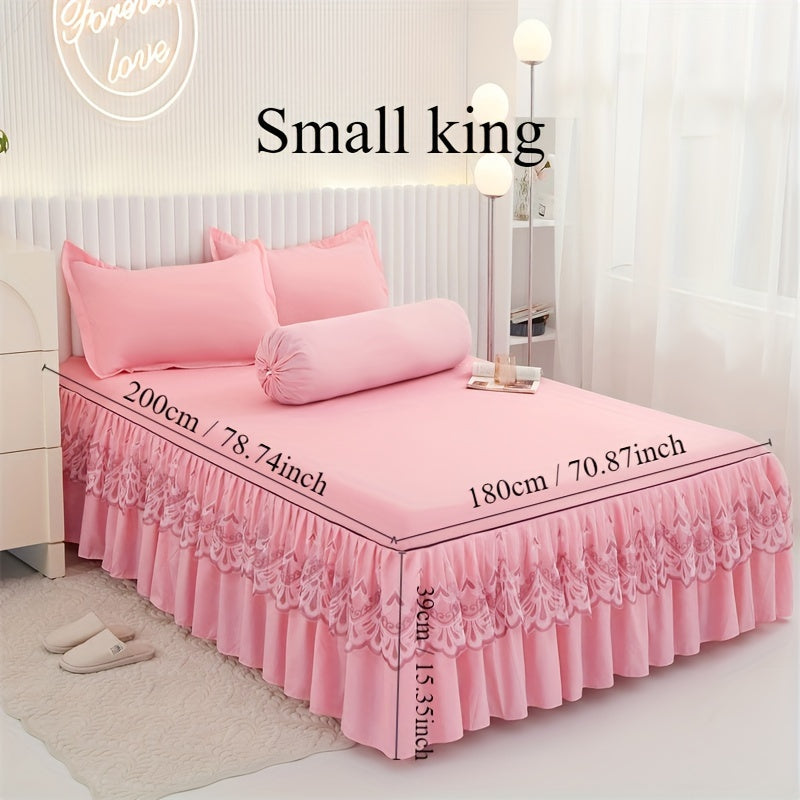 Chic 3-Piece Bed Skirt Set Featuring Double Layer Lace - Comes with 1 Bed Skirt and 2 Pillowcases, in a Solid Color. Non-Slip and Perfect for All Seasons, this Set is Machine Washable for easy care.