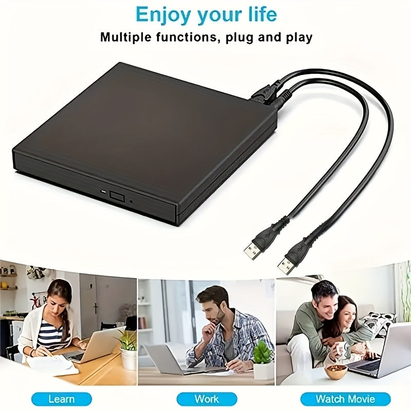 Portable external CD/DVD drive with USB 2.0 connectivity for laptops and desktop computers.