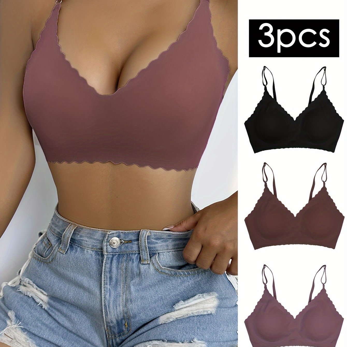 Set of 3 seamless wireless bralettes, comfortable and breathable, ideal for women's lingerie and underwear