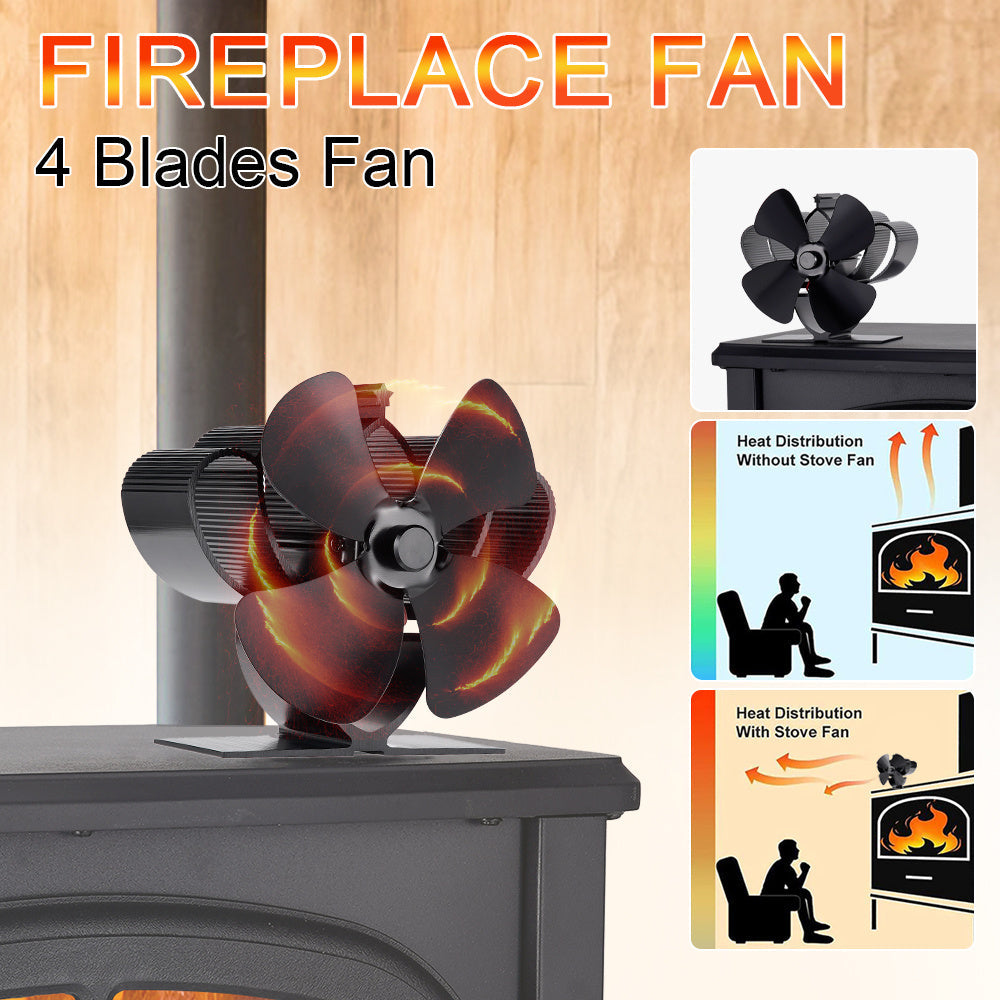 The EcoPulse Heat-Powered Mini Stove Fan is a 4-blade log wood burner exhaust fan made of metal. It is portable and designed for efficient heat distribution without the need for electricity. This fan operates quietly and helps circulate air effectively.