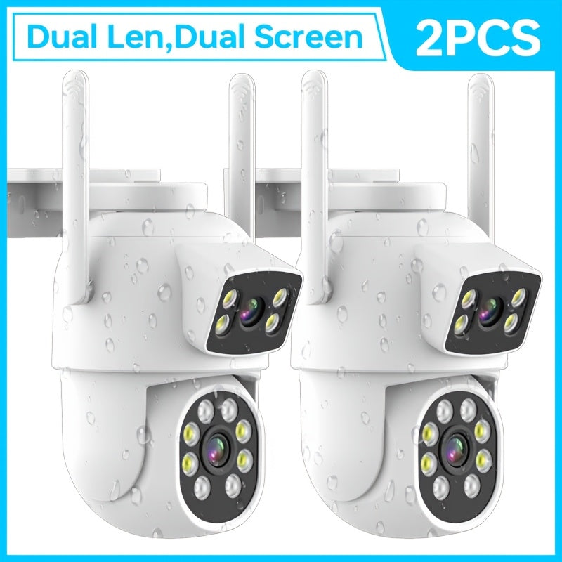 Two Smart Home Security Cameras with Dual Lens Offering 360° Pan & Tilt, Motion Detection, Two-Way Audio, Color Night Vision, Alarm Push, and IP65 Waterproof Rating. WiFi Compatible (2.4/5GHz) for Outdoor Surveillance.