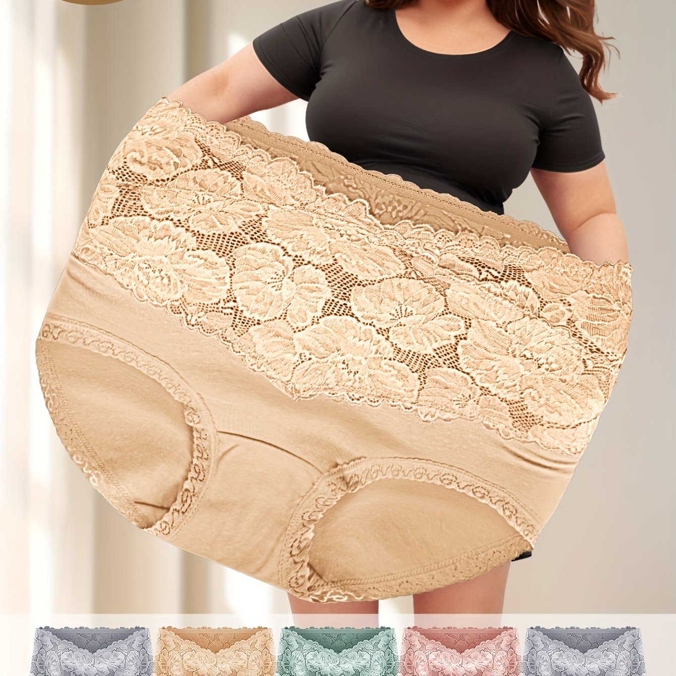 5 pieces of high-waist tummy control panties with lace trim, butt lift, and slimming design for plus-size women