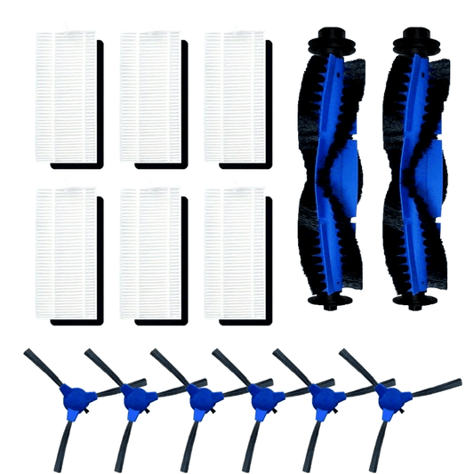 Durable plastic floor attachment accessories for RoboVac 11S, 35C, 30C, 15C, 15T, and 14. This replacement parts kit includes a main roller brush, side brushes, and high-efficiency filters. Compatible with Eufy RoboVac models.