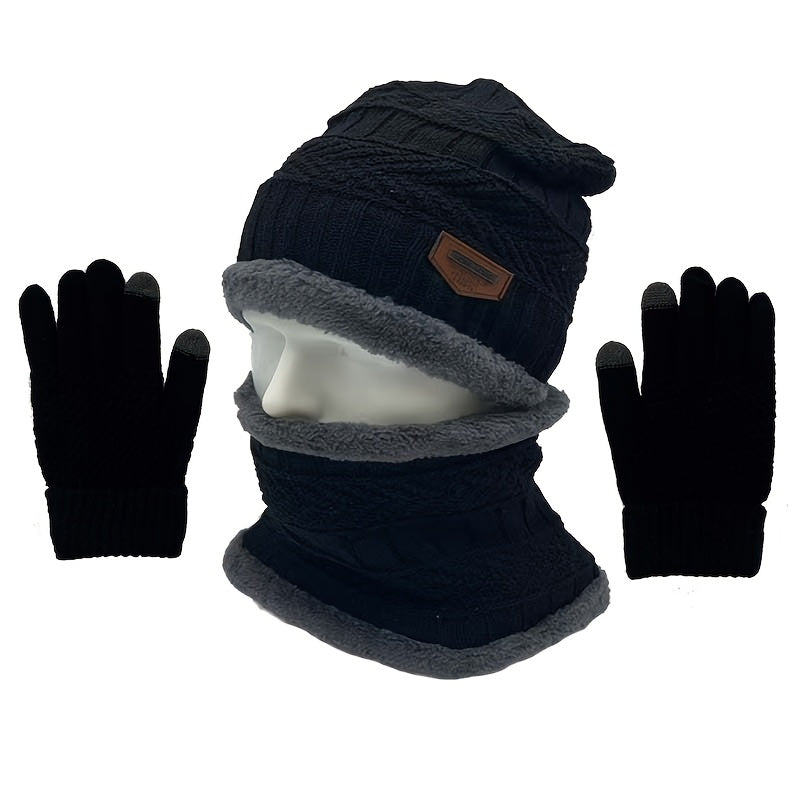 Three-Piece Set of Men's Cozy Knit Hat, Scarf, and Gloves - Featuring Thick Fleece Lining for Warmth. Includes Letter Patch Style Hat, Faux Sheepskin Scarf, and Full Finger Gloves for Winter.