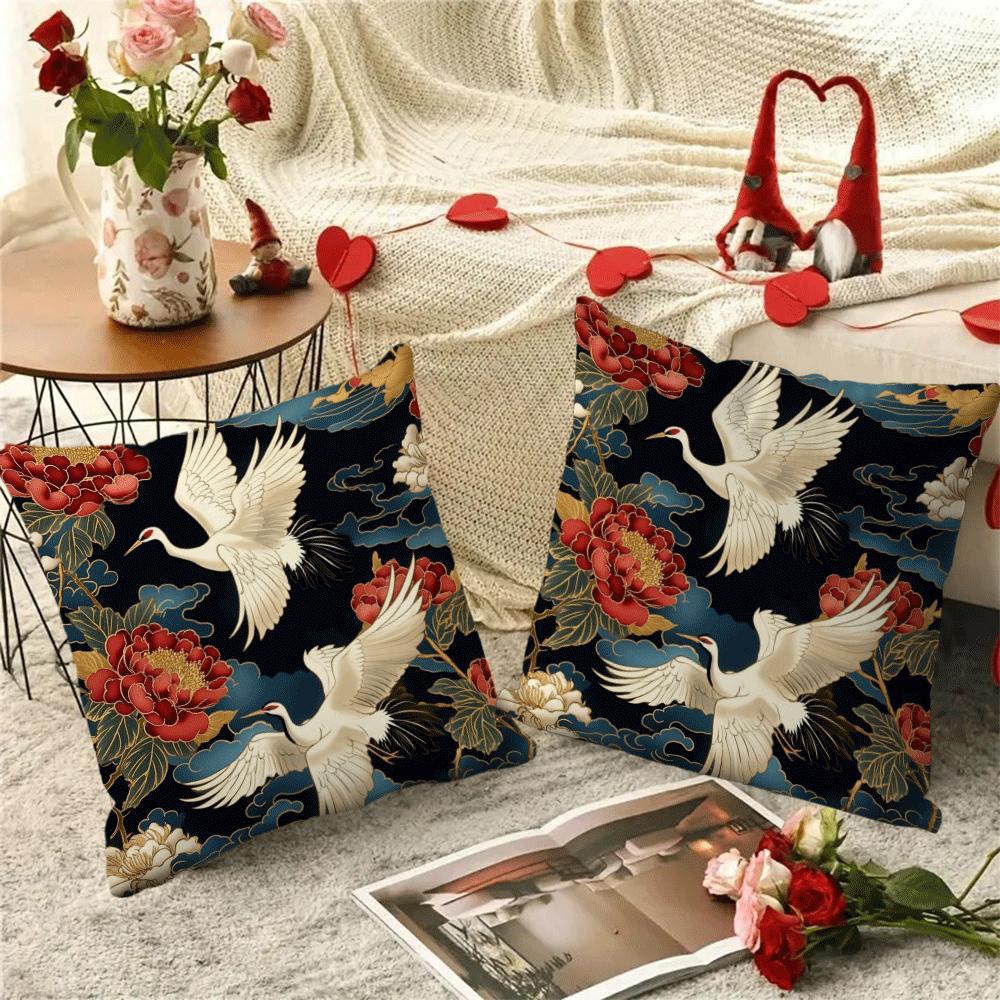 Elevate your home décor with this 2-pack of modern floral and cranes design short plush pillow covers, measuring 45.72x45.72 cm each. These zippered cushion cases are made from machine washable flannel fabric, perfect for all seasons. Add a touch of