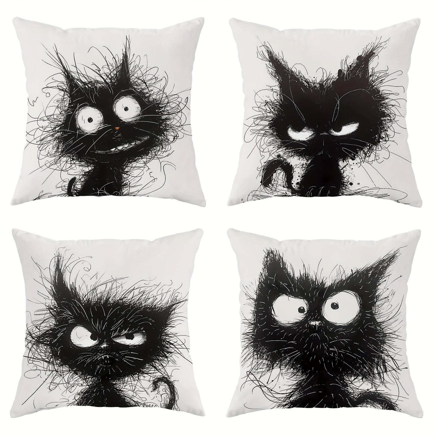 4pcs velvet throw pillow covers featuring funny cat designs in black and white. Perfect for living room or bedroom decoration, measuring 45.72cm*45.72cm, inserts not included.