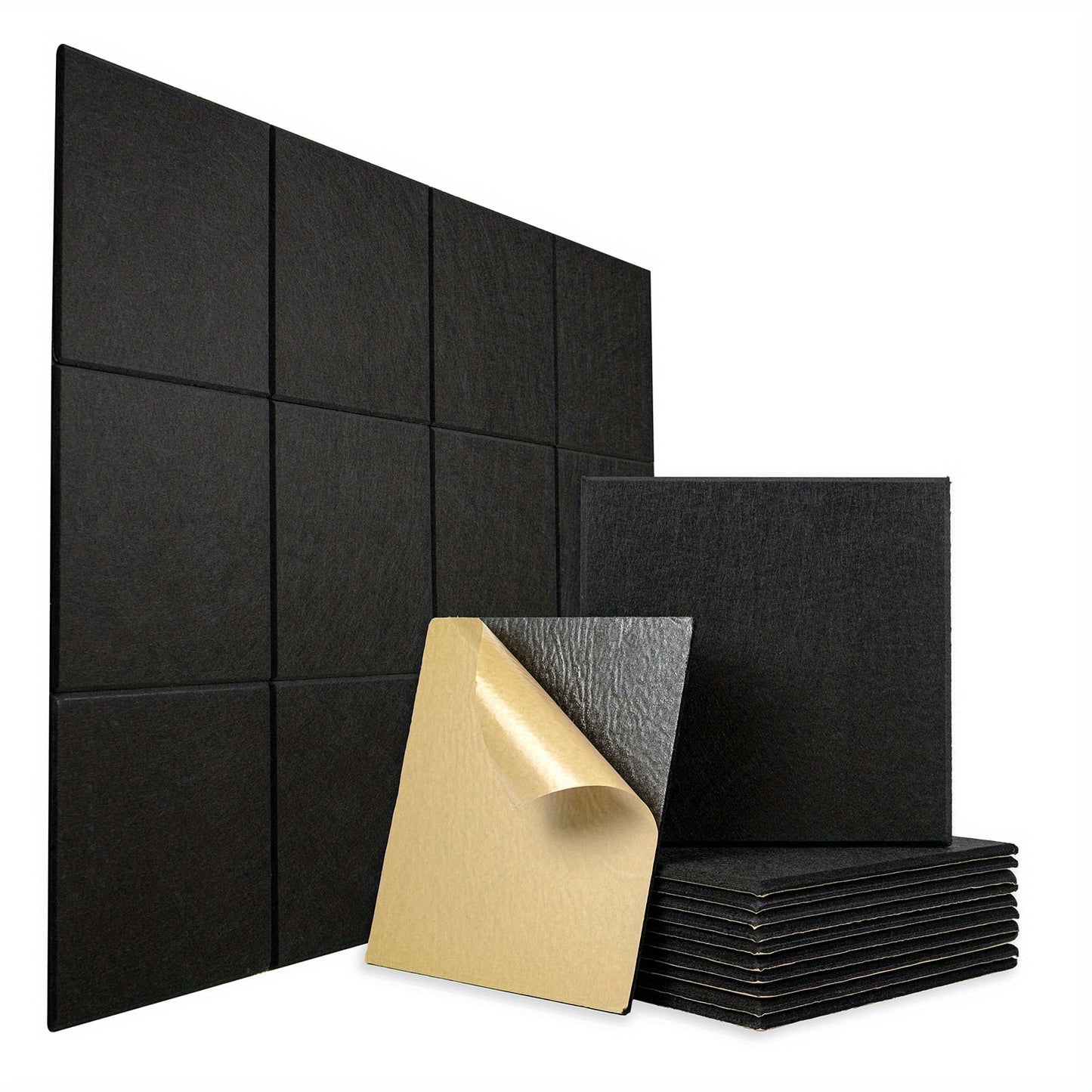 12 square self-adhesive acoustic panels measuring 12" x 12" x 0.4" with a high density, beveled edge polyester fiber construction for soundproofing in home offices and studios.