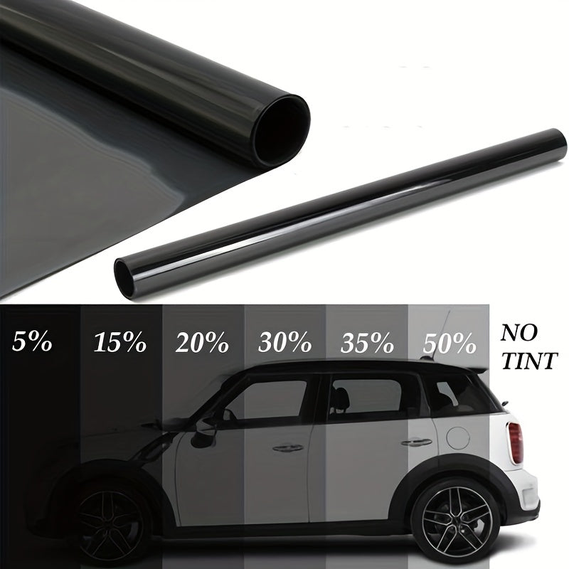 Black car window tint film roll for UV protection, measuring 300cmx50cm/118.11inx19.69in, suitable for both cars and homes.