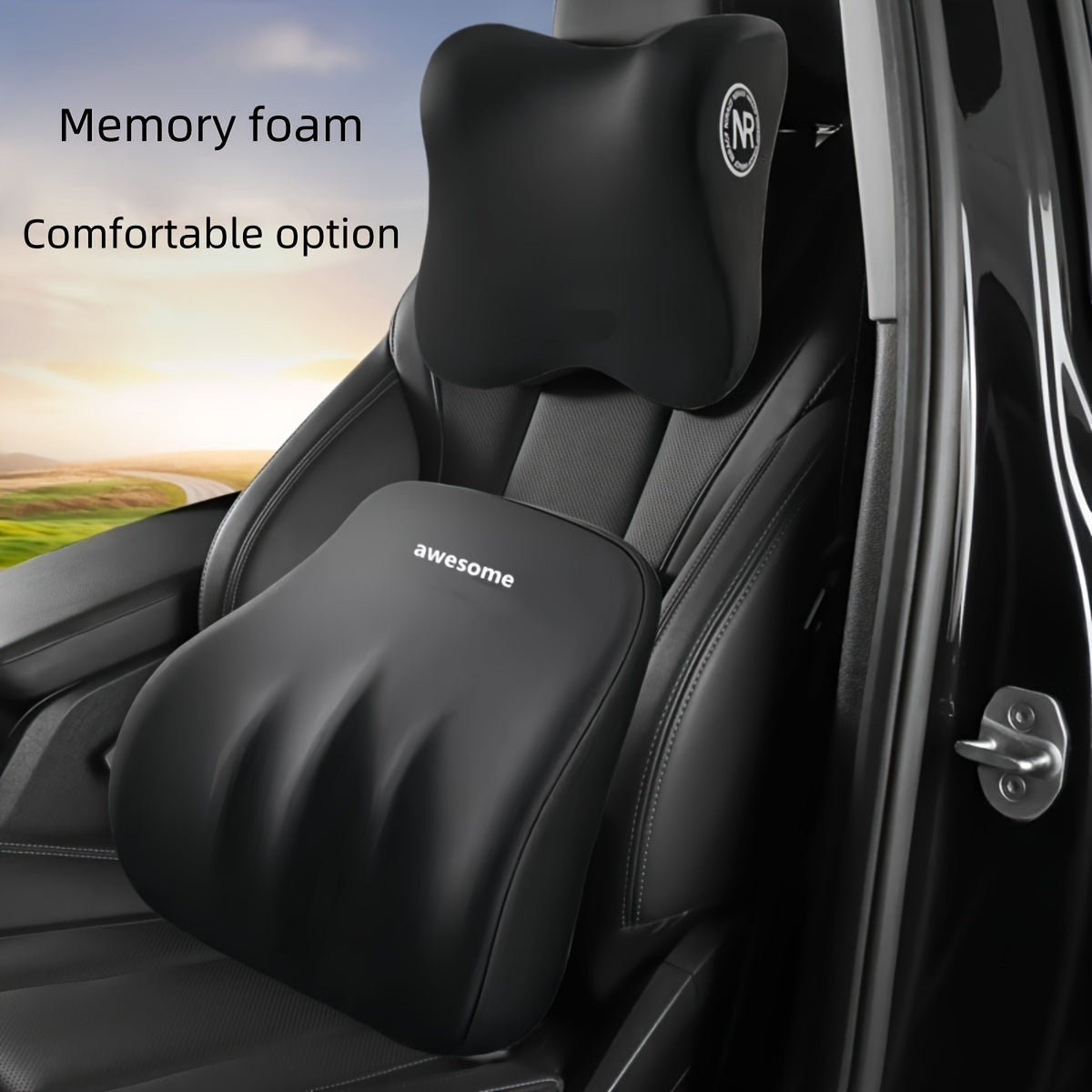 Ergonomic memory foam car seat pillow set with headrest and lumbar support, adjustable strap and breathable design for driving comfort.