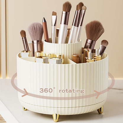 360° Rotating Makeup Organizer with 5 compartments for brushes, lipsticks, skincare, and stationery. Durable unscented desk caddy with luxury stripe design.