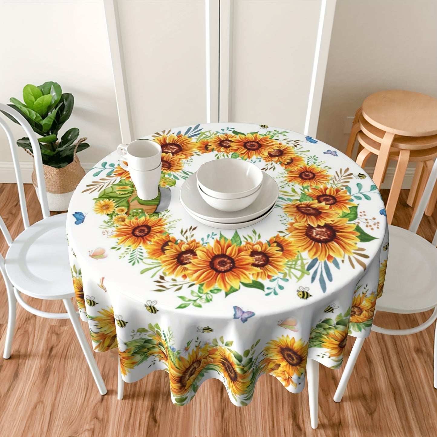 Summer sunflower tablecloth with vibrant floral design, butterflies & bees. Stain & wrinkle-free polyester, round farmhouse style for home kitchen, dining, picnic decor. Great gift. Sunflower pattern. Stainfree fabric for sunflower kitchen decor.