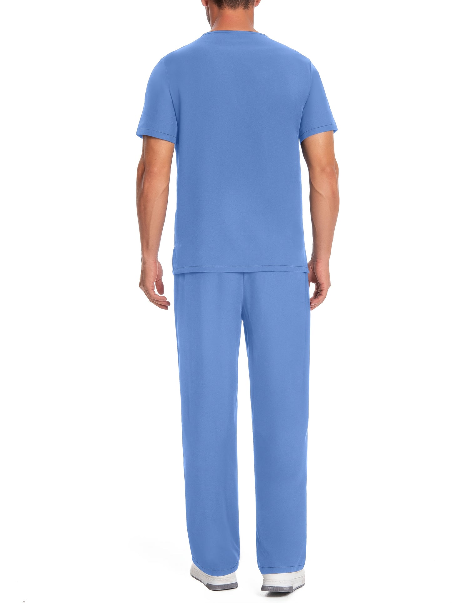 Men's Polyester V-Neck Scrub Set with Short Sleeves, Solid Color, Zipper Detail, and Elastic Waistband Pockets for Healthcare, Lab, Pet Grooming Uniforms.