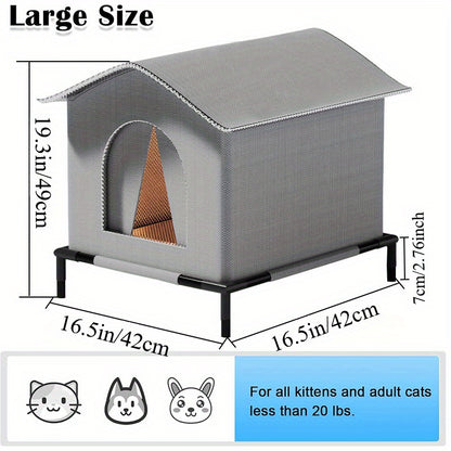 1pc Classic Oxford Cloth Outdoor Cat House with Raised Stand, Double-Sided Mat, Aluminum Foil Insulation, Weatherproof & Insulated Feral Cat Shelter, Pre-Assembled for Multiple Kittens &