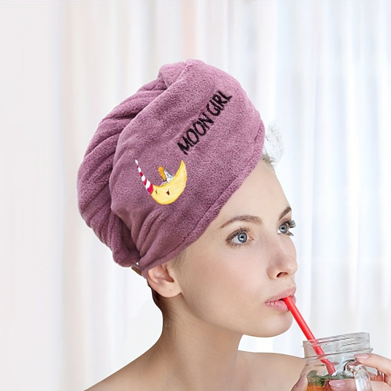 Soft coral fleece hair towel wrap with quick dry, thick material, cute cartoon design, double layer embroidery for extra absorption, and non-shedding shower cap.