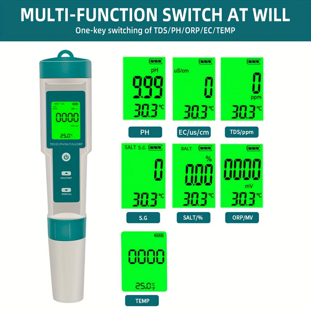 7-в-1 тестер качества воды с ЖК-дисплеем и ржавчинеустойчивым платиновым электродом для тестирования pH, ORP, EC, TDS, GH, S.G и солености в питьевой воде для дома.