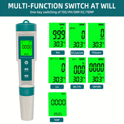 7-in-1 water quality tester with LCD backlight & rust-proof platinum electrode for testing pH, ORP, EC, TDS, GH, S.G, and salinity in home drinking water.