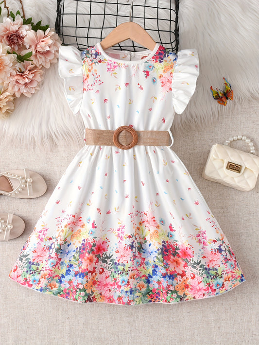 Floral princess dress with flutter sleeves and belt for young girls.