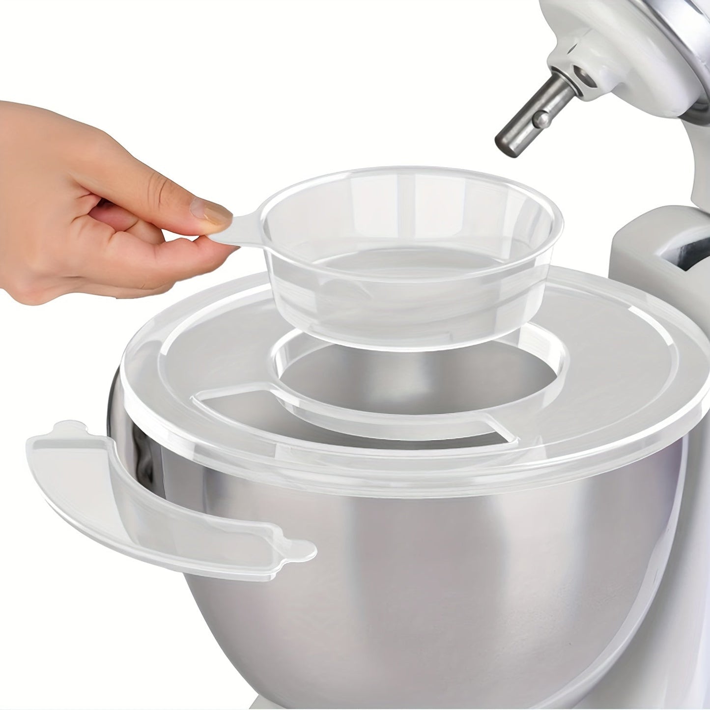 Introducing the Flybok Mixer Pour Shield Attachment - A single transparent plastic lid designed to fit Kitchen Mixers with 4.5-5qt Stainless Steel Bowls. This dishwasher-safe accessory acts as a spill stopper and is made from non-food contact PP material.