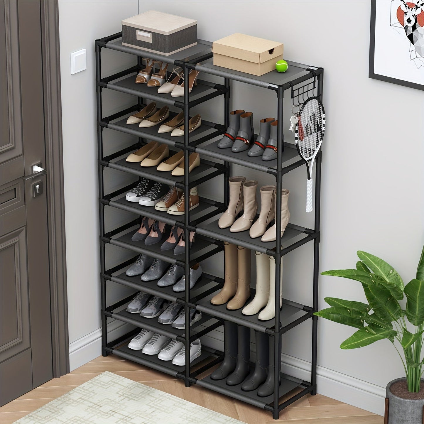 Description: This black shoe rack has a tall design with a large capacity for up to 24-35 pairs of shoes. It features two rows of multifunctional hooks for added organization and storage. Perfect for organizing your shoes in the garage or any other