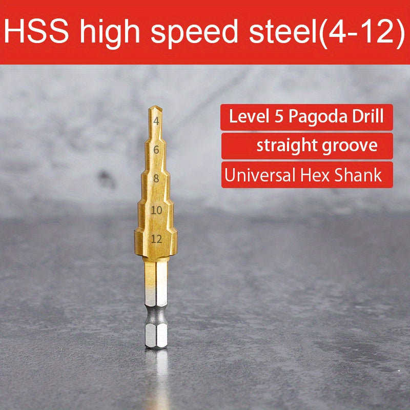 Titanium step drill bit for wood and metal cutting, ranging from 4 to 32mm, featuring high-speed steel and hex head design.