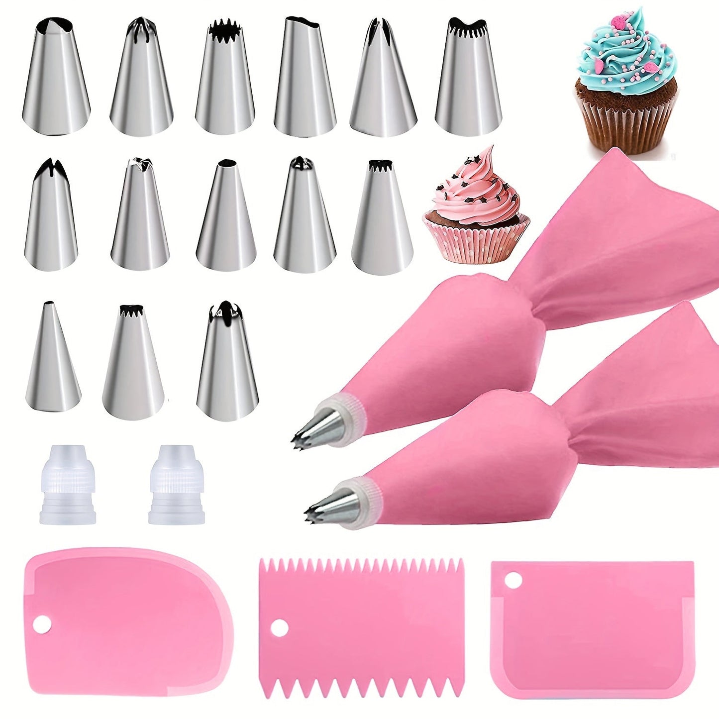 Set of 21 pieces, including 14 pink piping tips, 2 converters, 2 piping bags, and 3 icing spatulas. Perfect for cake decoration, pastry, cupcakes, and baking pan decoration. These baking tools, piping tools, and cake tools are ideal for creating