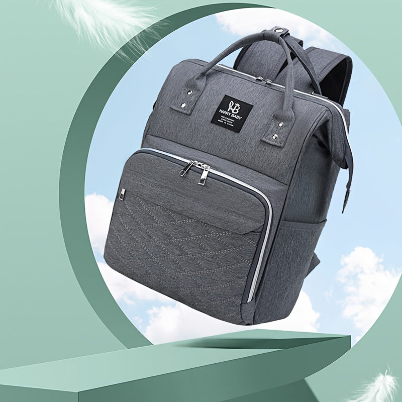 Large waterproof grey mommy backpack with bottle warmer, utility pockets, and soft shell for casual use.