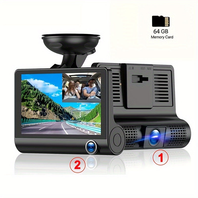 4-Inch Large Screen HD DVR Car Recorder with Front, Rear, and Interior Cameras, 1080P Full HD Video, 64GB Memory Card Included, Cigarette Lighter Powered, Fit for Cars