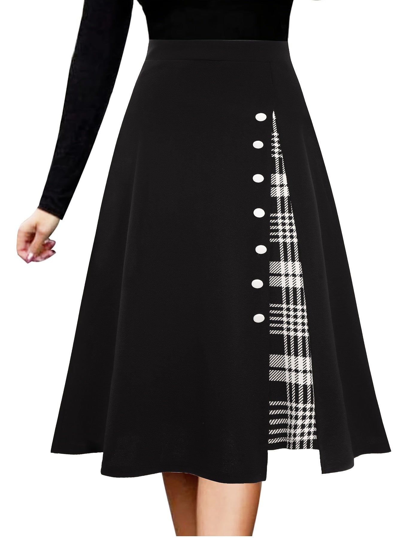 One elegant A-line skirt for women made of polyester knit fabric in a solid color, suitable for all seasons.