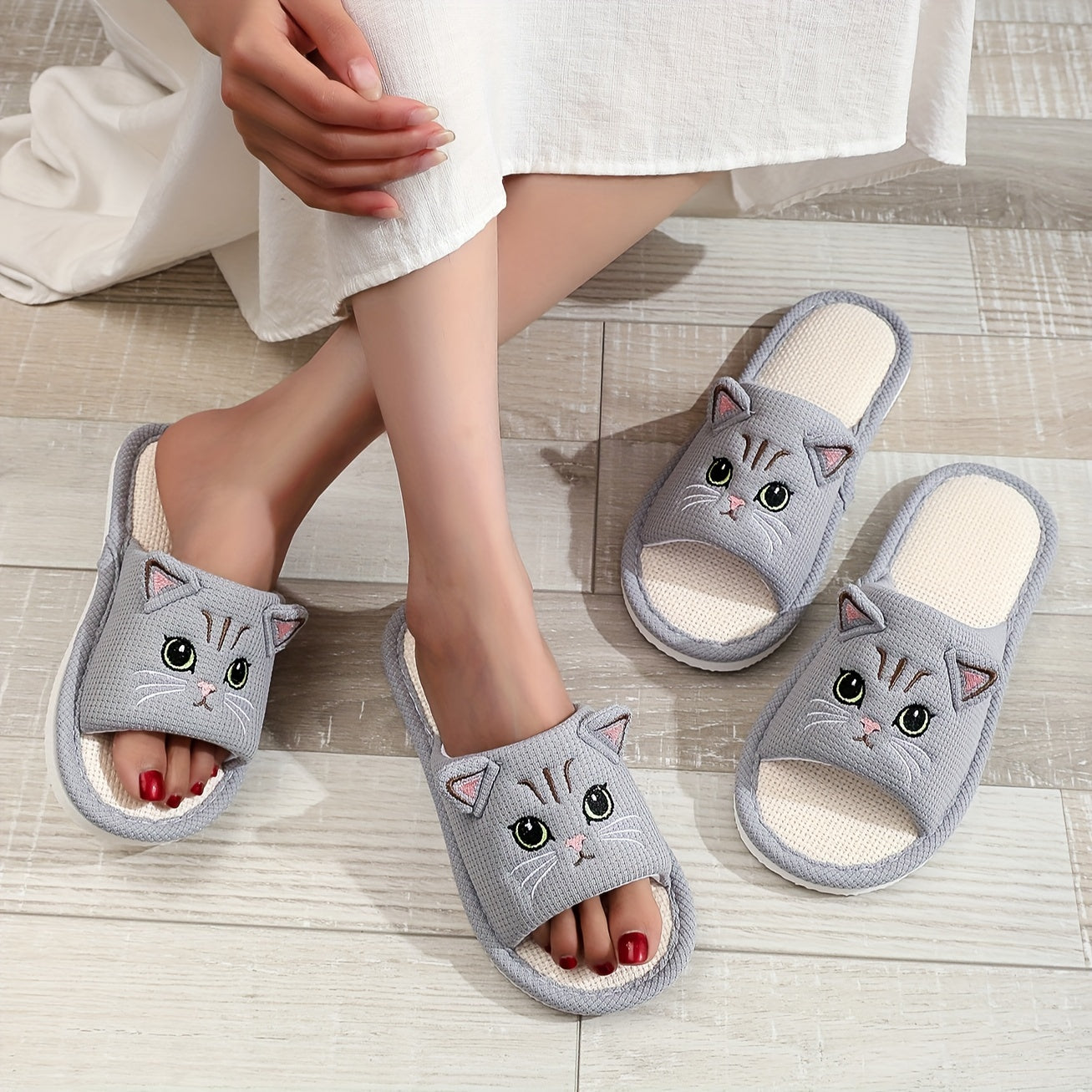 Cartoon home slippers with soft linen sole, lightweight and breathable.