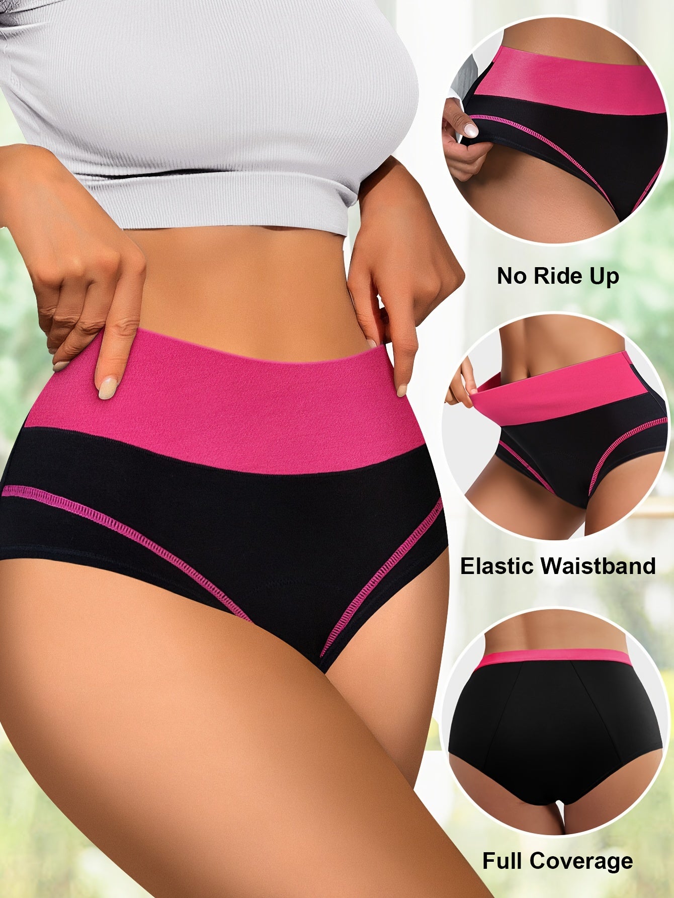 Triple-layer leakproof panties with wide waistband for women.