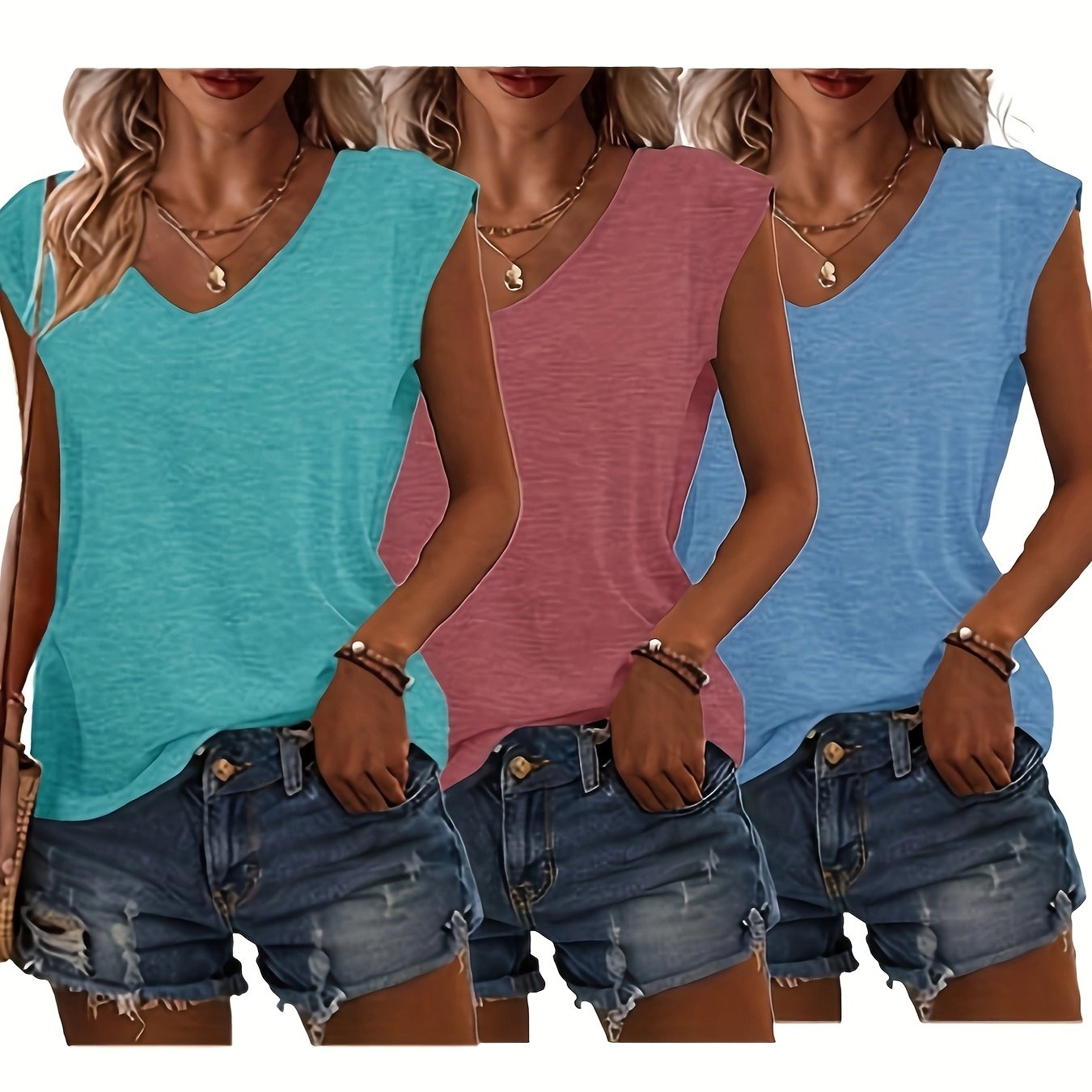 3pcs Women's V-Neck T-Shirts: Short sleeve, Solid color, Breathable polyester blend, Machine washable - Ideal for Spring & Summer.