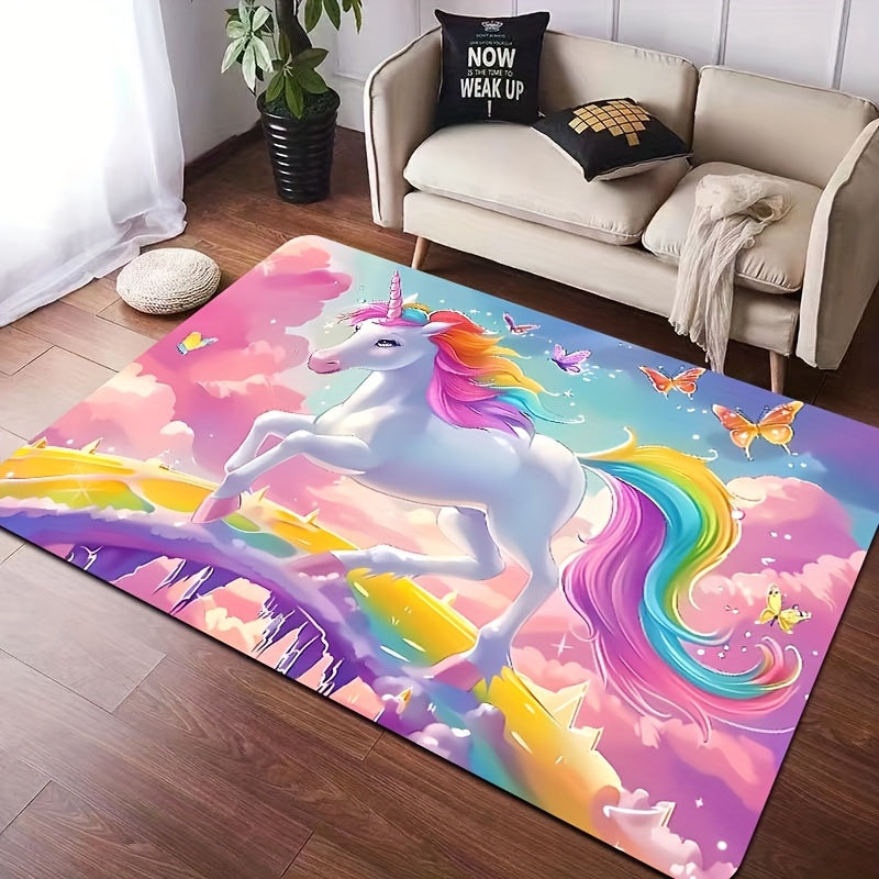 Add a touch of whimsy to your space with the Whimsy Woods Unicorn Area Mat. Made from durable 8mm thick polyester, this cartoon fantasy horse mat is perfect for the bedroom, living room, or entryway. It is machine washable and features a cute unicorn