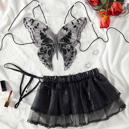 Sheer butterfly pattern cami top and mesh mini skirt lingerie set for women.