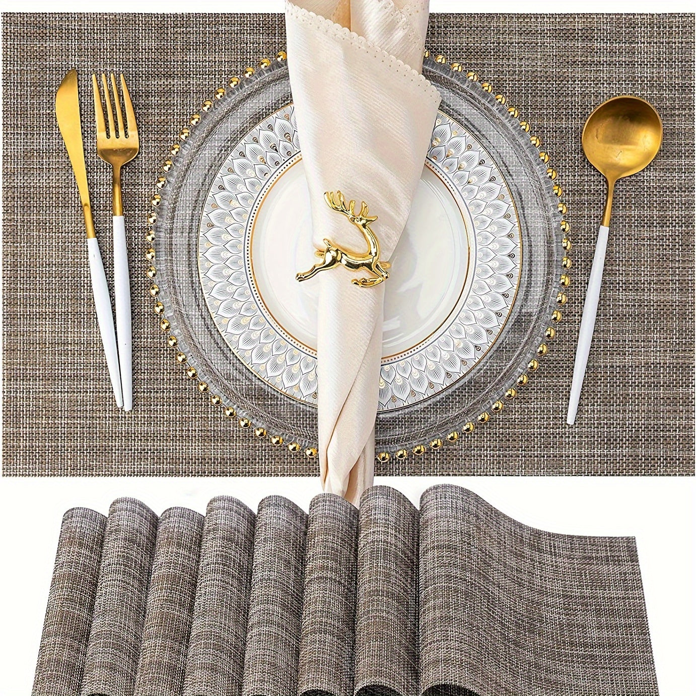 ZIRAN Placemats Set of 4, Washable Vinyl Mats for Dining Table, Durable PVC Weave, Indoor/Outdoor, Caramel Color