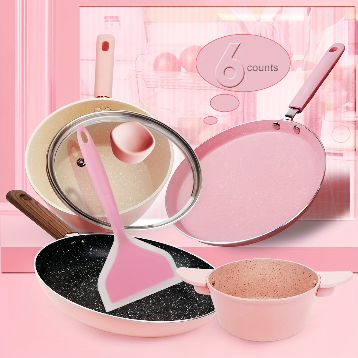 Pink 6-piece Non-Stick Cookware Set - Contains Pancake Pan, Soup Pot, Mini Wok & Silicone Spatula - Suitable for Both Electric and Gas Stoves.