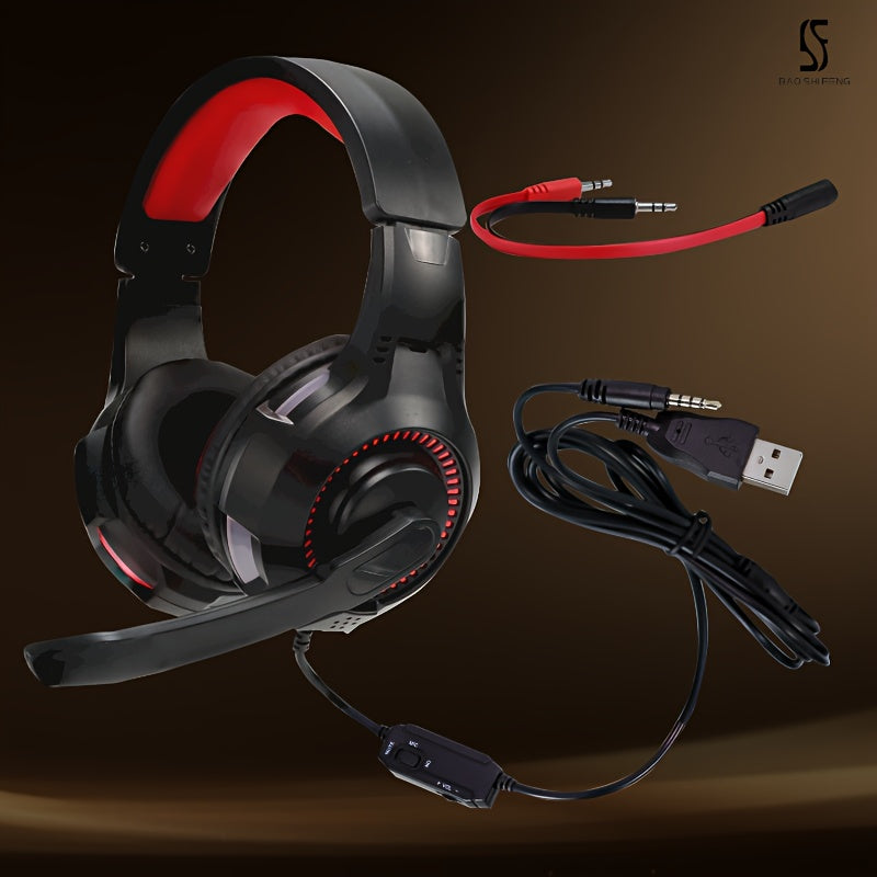 Anime gaming headset with microphone, 7.1 surround sound, push-to-talk control, noise isolating ear cup design, plastic material, 3.5mm jack, wired for desktop, laptop, and console gaming.